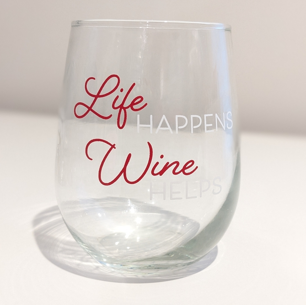 Life Happens Wine Helps Stemless Wine Glass, New With Tag
